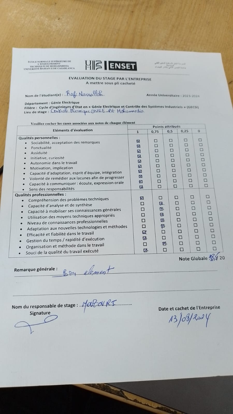 Supervisor's Detailed Evaluation of ONEE Internship Performance